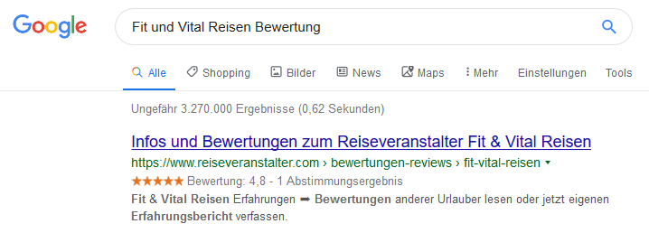Reiseveranstalter.com & Google Suchtreffer mit Sternebewertung