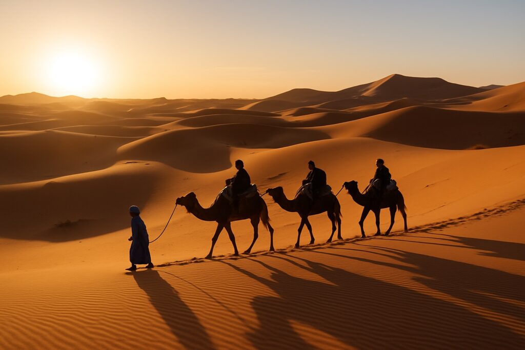 Kamelkarawane in den Sanddünen der Sahara bei Sonnenaufgang in Marokko